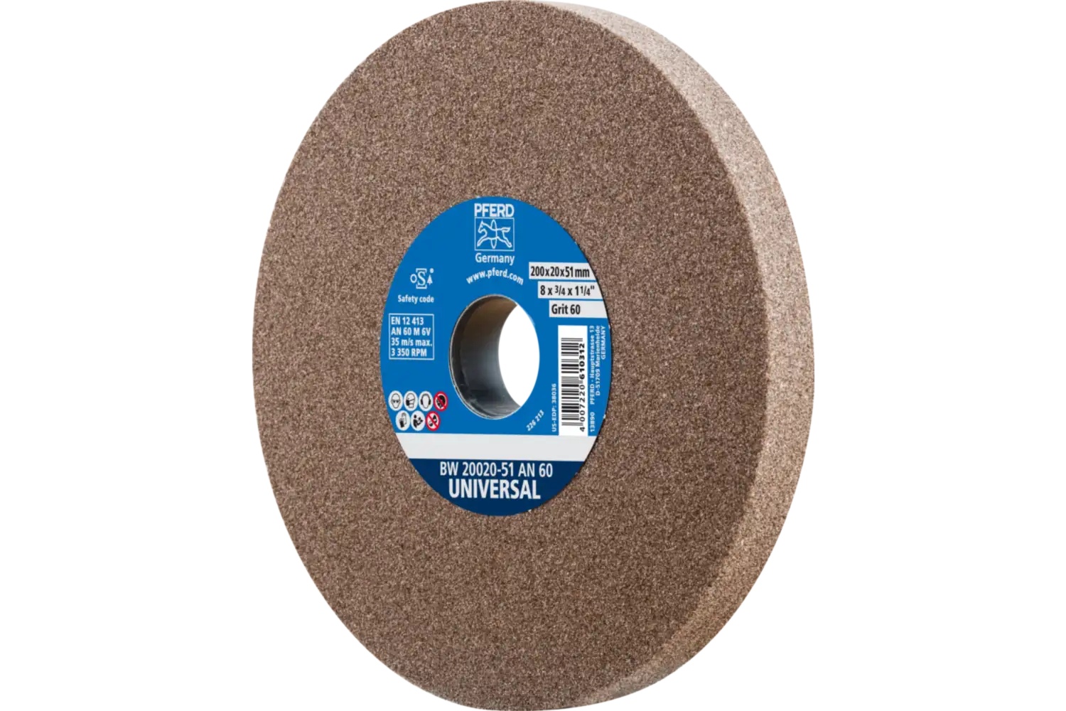 Picture of Pferd Vitrified Bench Wheel, Universal, 8" X 3/4 X 2, 60 Grit, Aluminum Oxide